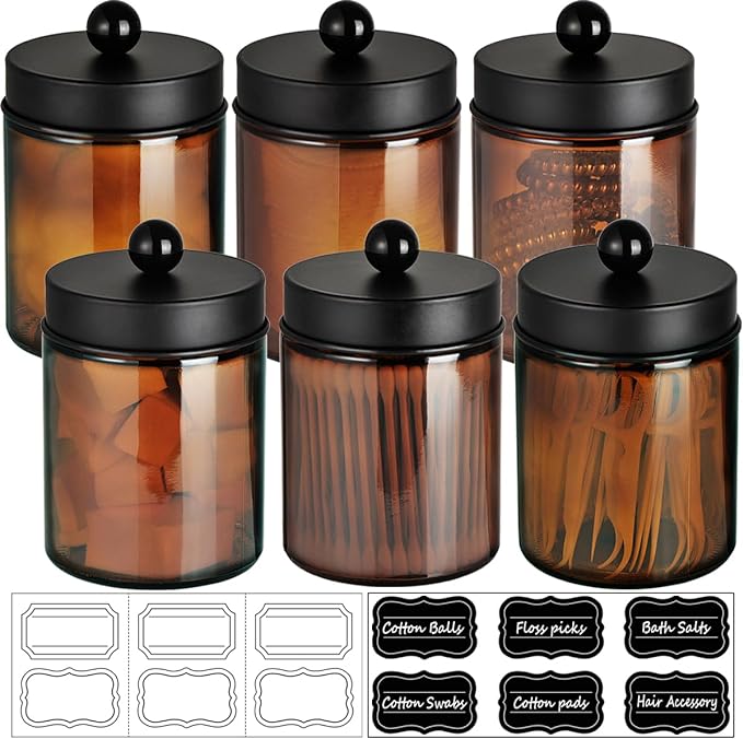 Amolliar Amber Glass Qtip Holder, Apothecary Jars with Matte Black Metal Lid & Stickers-Bathroom Qtip Dispenser Storage Organizer Set,Vanity Counter Canister for Cotton Swabs,Round Pads,Floss (6 Pack)