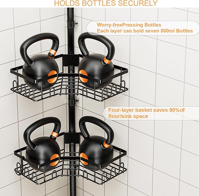 Corner Shower Caddy Tension Pole - 4-Tier Shower Corner Shelf for Bathtub Bathroom Shower Organizer - Adjustable 34in-120in, Space Saving Bathtub Accessory Shelves, Black