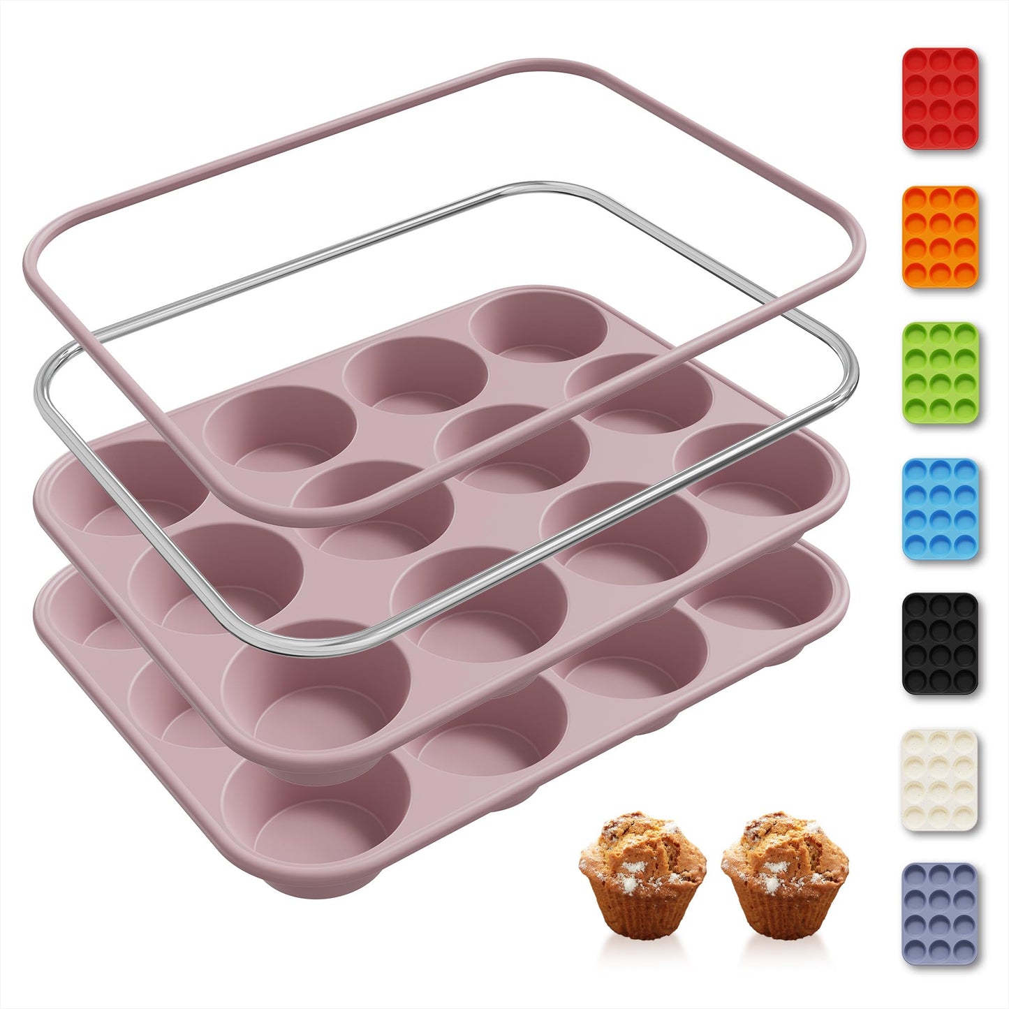2 Pack 12 Cups Silicone Muffin Pan with Metal Reinforced Frame Regular Size Silicone Molds Cupcake Cake Baking Pans Cookie Baking Chocoflan Cupcake Mold Kitchen Baking Mold Tools for Cooking