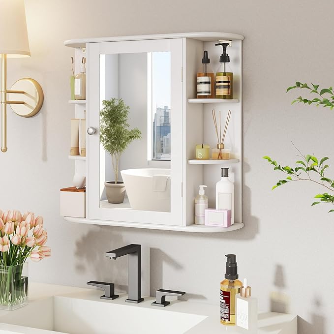 Tangkula Bathroom Medicine Cabinet with Mirror, Modern Wall Mounted Space-Saving Storage Organizer with Mirrored Door, 4 Internal Shelves & 6 Open Side Shelves, Bathroom Wall Cabinet (White)