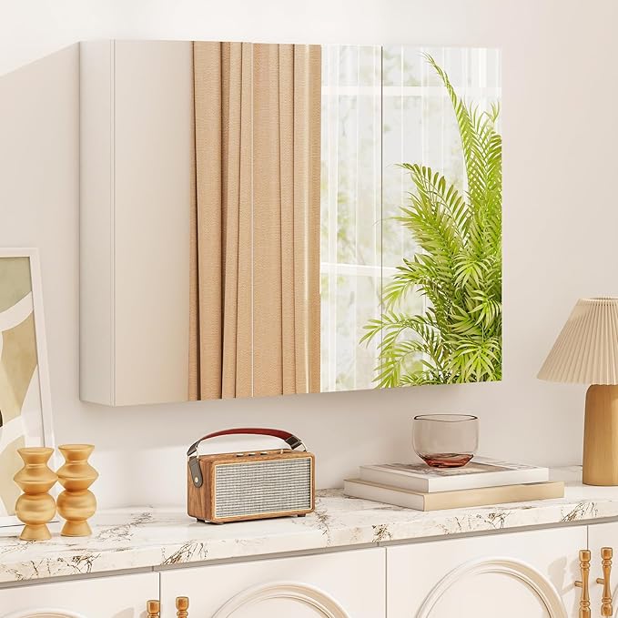 Tangkula Mirrored Medicine Cabinet, Large Wide Wall Mounted Storage Cabinet with 3 Mirror Doors, Hanging Bathroom Organizer, White, 34.5 x 5 x 25.5 Inches