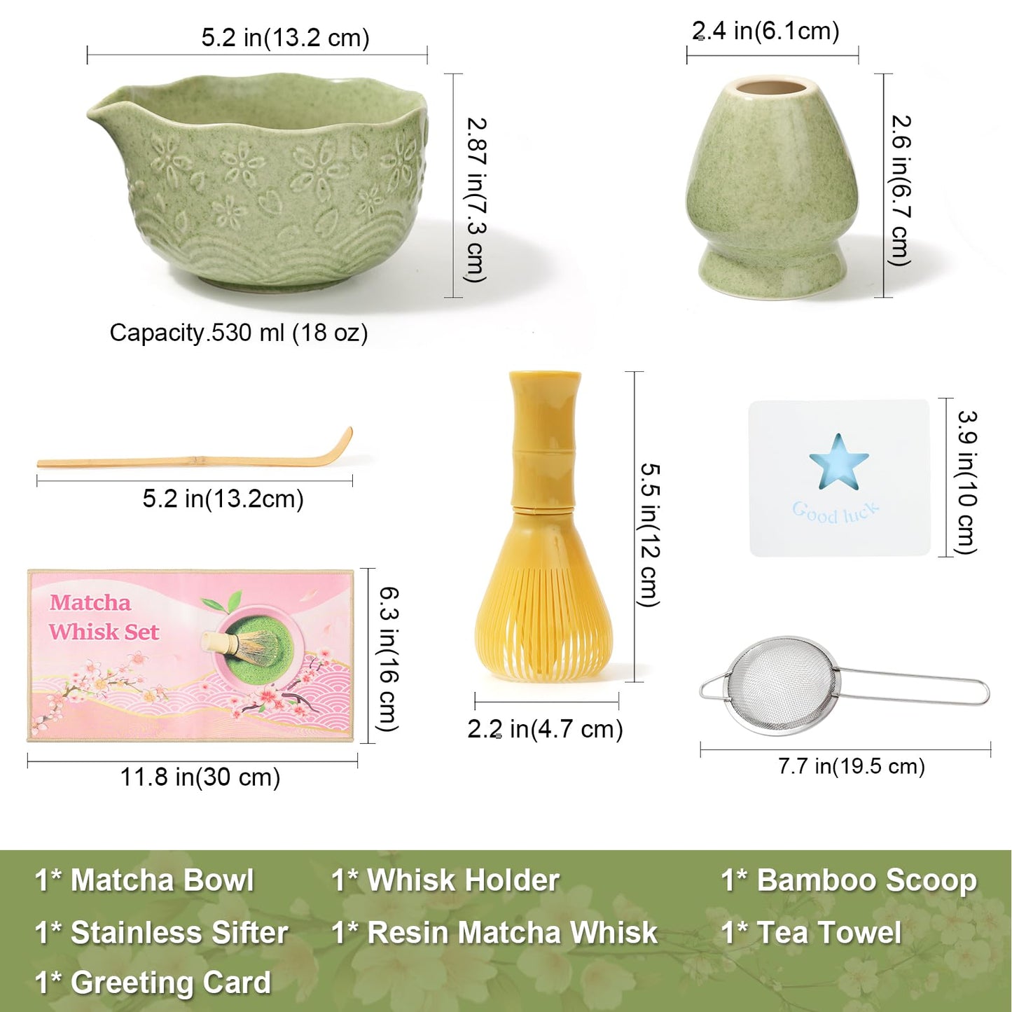 6pcs Matcha Whisk Set Includes Resin Matcha Whisk,Ceramic Matcha Bowl Set and Sifter,Matcha Whisks Holder,Natural Bamboo Spoon and Tea Towel for Matcha Starter Kit Lovers (Mottled Green)