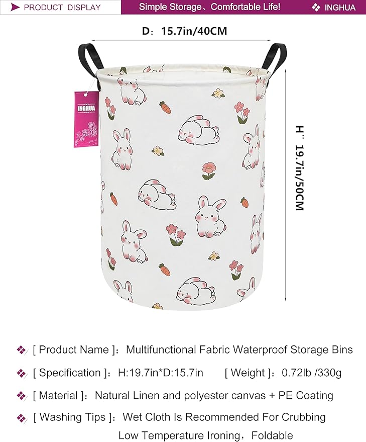 Laundry Hamper Large Canvas Fabric Lightweight Storage Basket/Toy Organizer/Dirty Clothes Collapsible Waterproof for College Dorms, Boys and Girls Bedroom,Bathroom(rabbit)