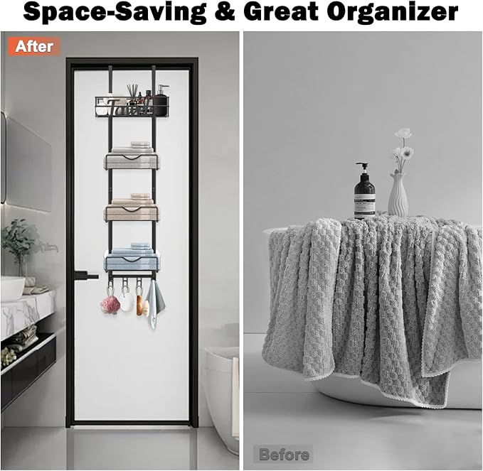 HarJue Over The Door Towel Racks, No Drill Towel Storage with Basket & Hooks, Space-Saving Multi-Functional Towel Holder for Bathrooms, bedrooms, Apartments, RVs (Matte Black)