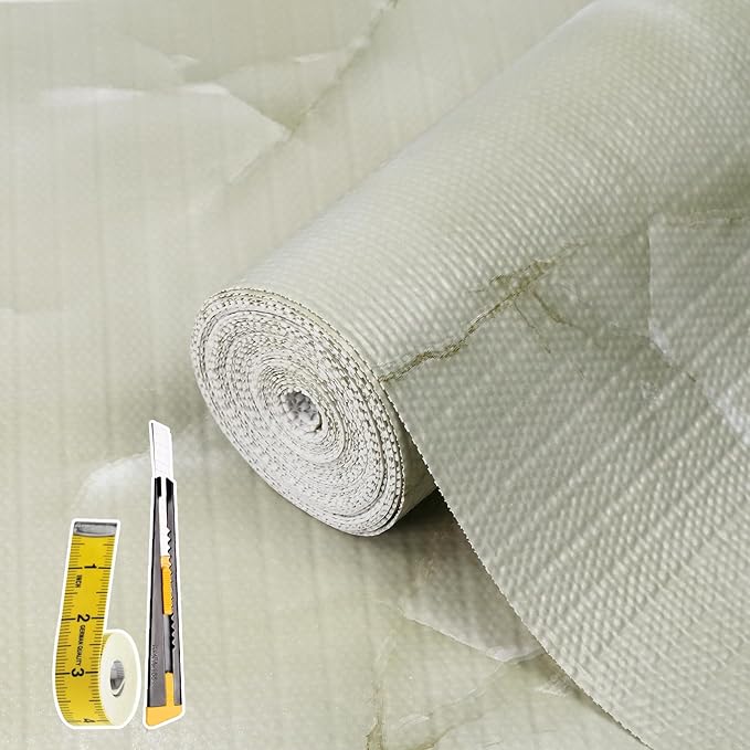 2-Layer Drawer and Shelf Liner for Kitchen Cabinet: 17.3in X 20Ft Non Slip Waterproof Shelf Paper Non Adhesive Refrigerator Liners Cyan Marble Easy Liners for Bathroom with Knife Tape Measure