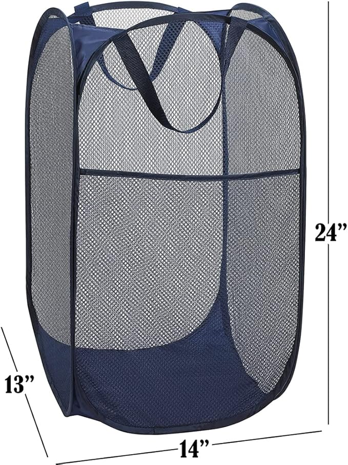 BATTOO Deluxe Strong Mesh Pop up Laundry Hamper Basket with Side Pocket Foldable Hamper for Laundry Room, Bathroom, Kids Room, College Dorm or Travel Navy + Navy