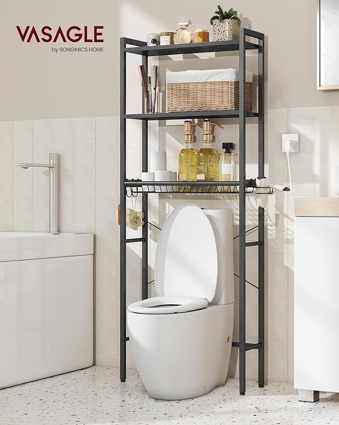 VASAGLE Over The Toilet Storage, Over Toilet Bathroom Organizer with Adjustable Shelves and Basket, 3 Hooks, Space Saving, 9.4 x 23.6 x 63 Inches, Ebony Black UBTS113BE01S