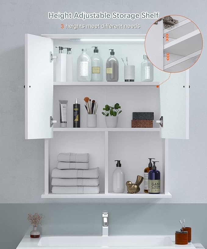 HAIOOU Bathroom Wall Cabinet with Motion Sensor LED Light, Wooden Medicine Cabinet Wall Mounted Cupboard, Over Toilet Storage Cabinet with Buffering Hinges and Adjustable Shelf - Modern White