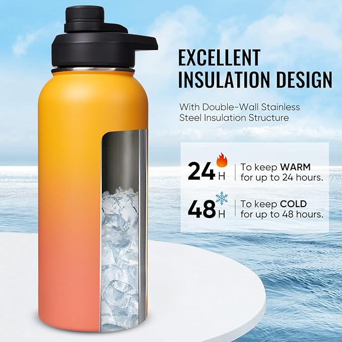 32 oz Insulated Water Bottle with Handle, 304 Stainless Steel Water Bottles with Wide Mouth, Double Wall Vacuum Sports Water Bottle, BPA Free, Keep Cold and Hot, Yellow&Orange