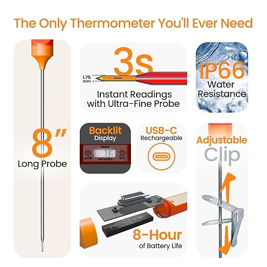 Candy & Meat Thermometer with Type-C Rechargeable Digital Instant Reading for Candy Making, BBQ, Deep Frying, & Liquids, 8" Long Probe,CT180-BT