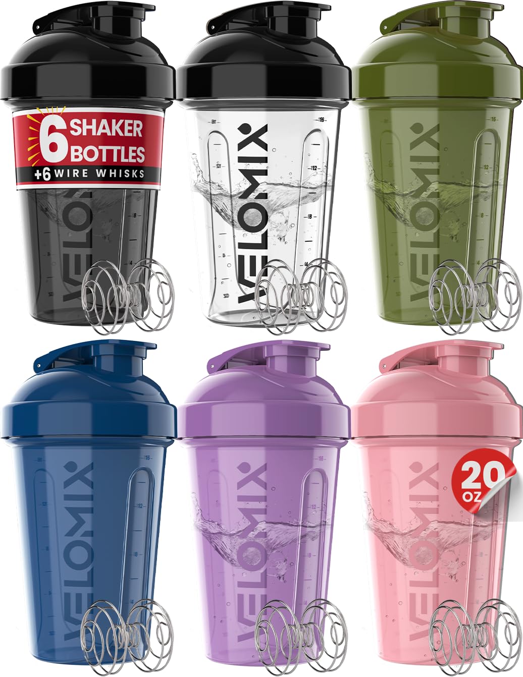 VELOMIX 6 Pack 20oz Protein Shaker Bottle for Protein Mixes, Muted Contrast
