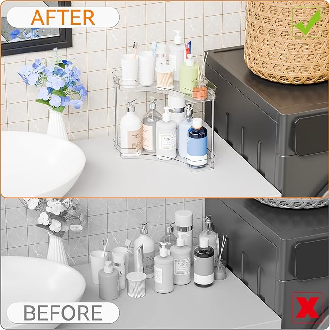 Yieach 2 Tier Corner Bathroom Counter Organizer,Clear Sink Shelf,Bathroom Corner Organizer and Storage for Restroom,Vanity Countertop,Two Tier Small Sink Organizers & Rack for Makeup,Beauty Product