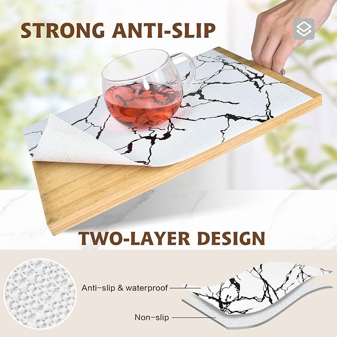 2-Layer Drawer and Shelf Liner for Kitchen Cabinet: 12 in X 20 Ft Non Slip Waterproof Shelf Paper Non Adhesive Refrigerator Liners White/Black Marble Easy Liners for Bathroom with Knife Tape Measure