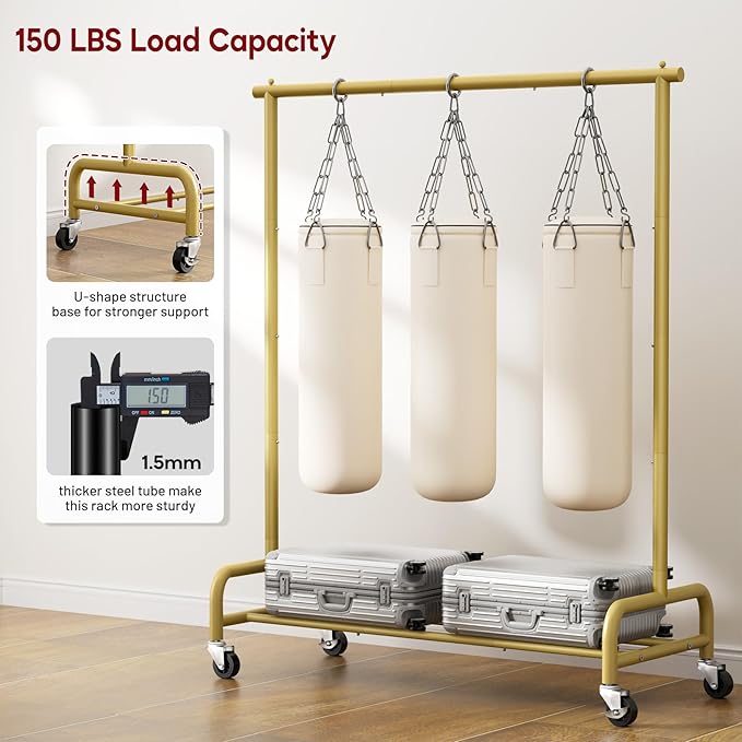SLEEPING LAMB Heavy Duty Clothes Racks for Hanging Clothing Rack, 43" Wide Rolling Garment Rack Metal Wardrobe Rack with Wheels Closet Hanger Rack for Coats, Shirts, Dress (Gold)