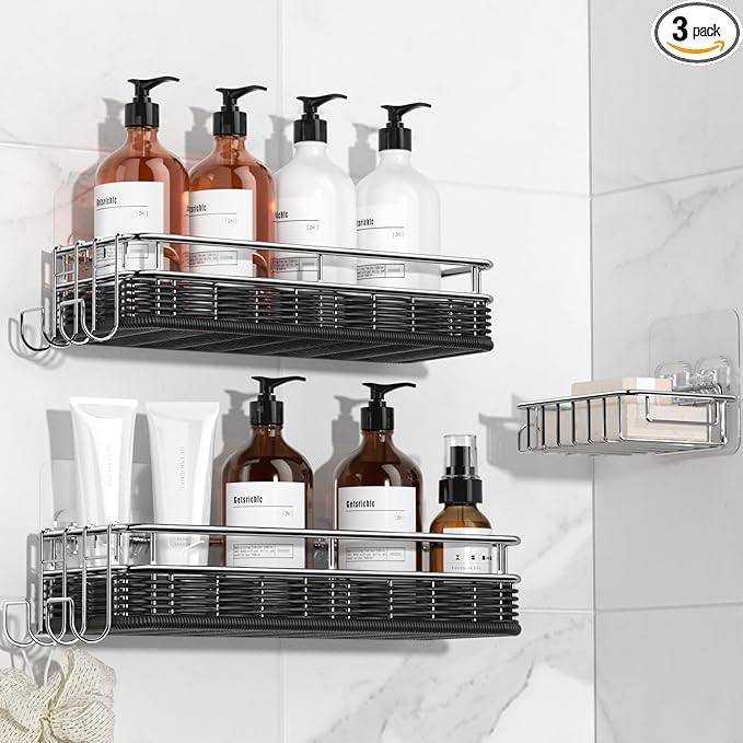 Shower Caddy 3 Pack, Adhesive Shower Organizer with Soap Dish and 4 Hooks, Rustproof Stainless Steel Shower Shelves, Wall Mounted No Drilling Storage Shelf Basket Accessories for Bathroom & Kitchen