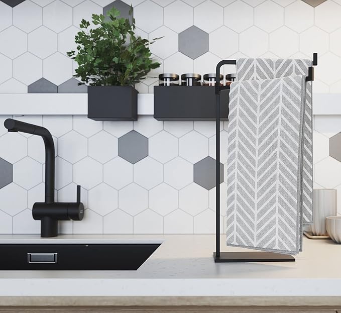 Hand Towel Holder for Bathroom Countertop - 17 Inch Tall Black Free-Standing Hand Towel Stand for Bathroom Counter - Non-Slip Base for Sink Top - Holds Two Full Size Handtowels, Fingertip, Washcloth