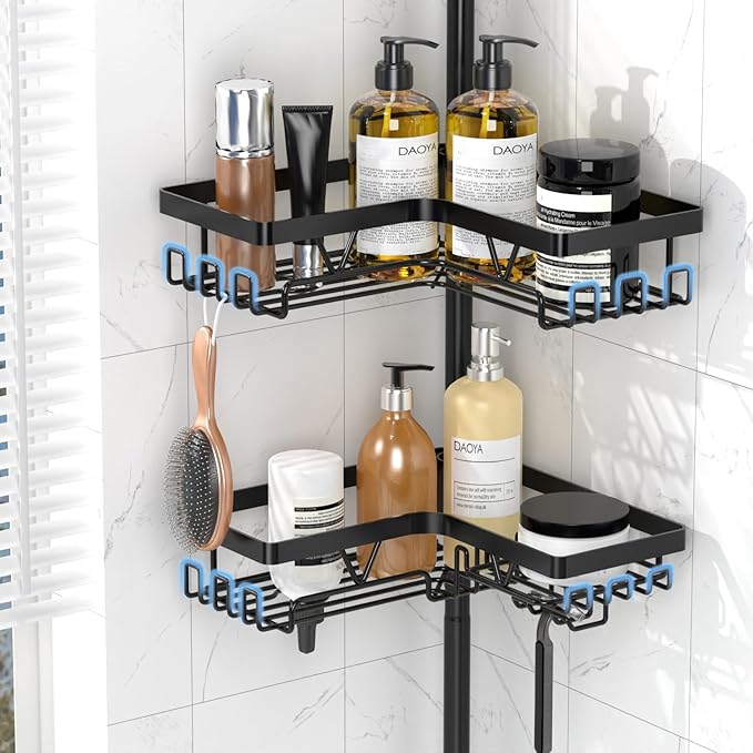 Corner Shower Caddy + 2 Soap Holders, 4 Tier Shower Caddy Tension Pole Stainless Steel Black, Extends 25-114.2 Inches, for Bathroom Organizers and Storage, Renter-Friendly and Gift Idea