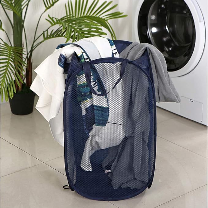 Larpur Popup Mesh Laundry Basket, Collapsible and Portable Clothes Washing Laundry Hamper with Reinforced Carry Handle (Blue*2)