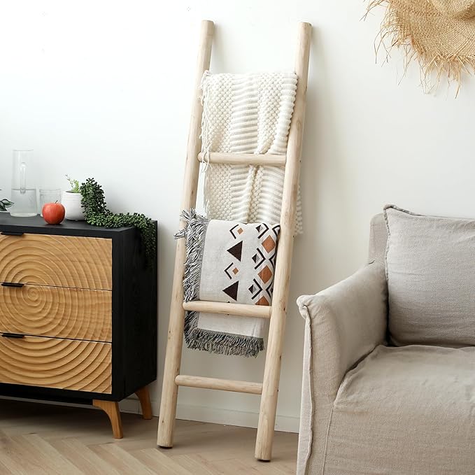 FUIN 57in Wood Blanket Ladder Living Room Decorative Wall Leaning Farmhouse Quilt Display Holder Rustic Wooden Towel Rack for Bathroom, Unfinished