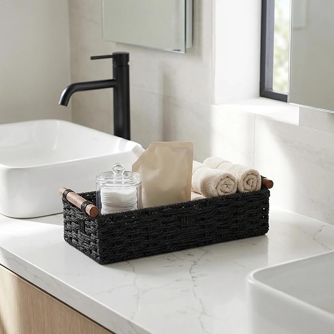 Back of Toilet Basket, Black Toilet Tank Basket for Toilet Paper Storage (Holds 2 Rolls), Paper Rope Wicker Storage Bin with Wooden Handles for Toilet Top, Over Toilet Shelf, Bathroom Counter