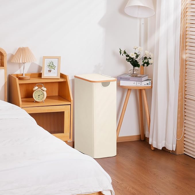 Slim Laundry Basket with Lid, Narrow Dirty Clothes Hampers for Laundry with Handle, Skinny Laundry Bin for Laundry Room, Dorm, Bedroom and Bathroom, 19.8 Gallon (75L) Beige