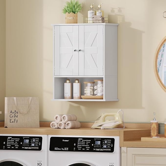 TEENFON Bathroom Wall Cabinet, Over The Toilet Space Saver Storage with Barn Doors & Adjustable Shelf, Hanging Medicine Cabinet, White 7.1" D x 15.4" W x 19.3" H