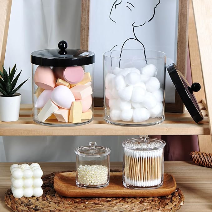 SheeChung 3-Pack Plastic Apothecary Jars with Black Metal Lids - Large 50oz, 25oz & 15oz Clear Acrylic Storage Set - Shatterproof Bathroom & Laundry Room Organizer - Modern Farmhouse Decor