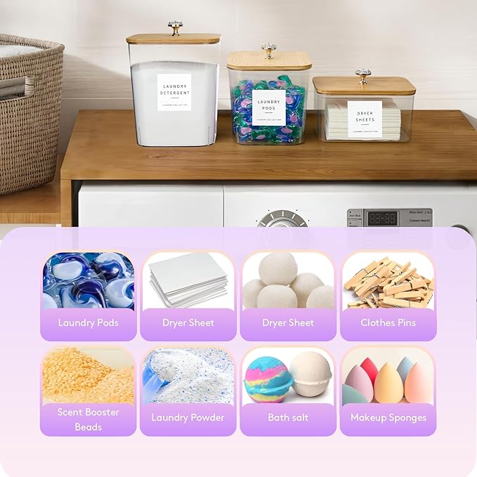 4 Pack Laundry Pod Containers and Dryer Sheet Holder for Laundry Room Organization Acrylic Jars with Lids and Labels for Laundry Detergent Laundry Pods Dry Sheet Organizing