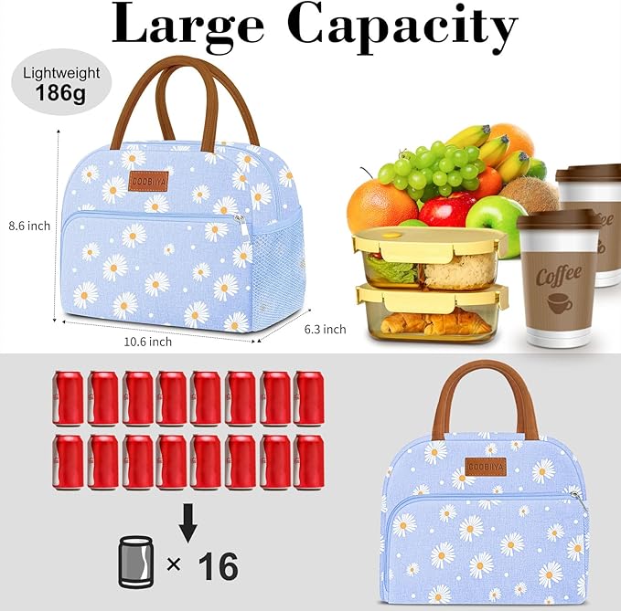 Coobiiya Lunch Bag Lunch Box for Women Men, Reusable Cute Lunchbag - Leakproof, Adult Insulated Lunch Box Tote with Large Capacity, Cooler Container for Work, Travel, Office (Blue Daisy)
