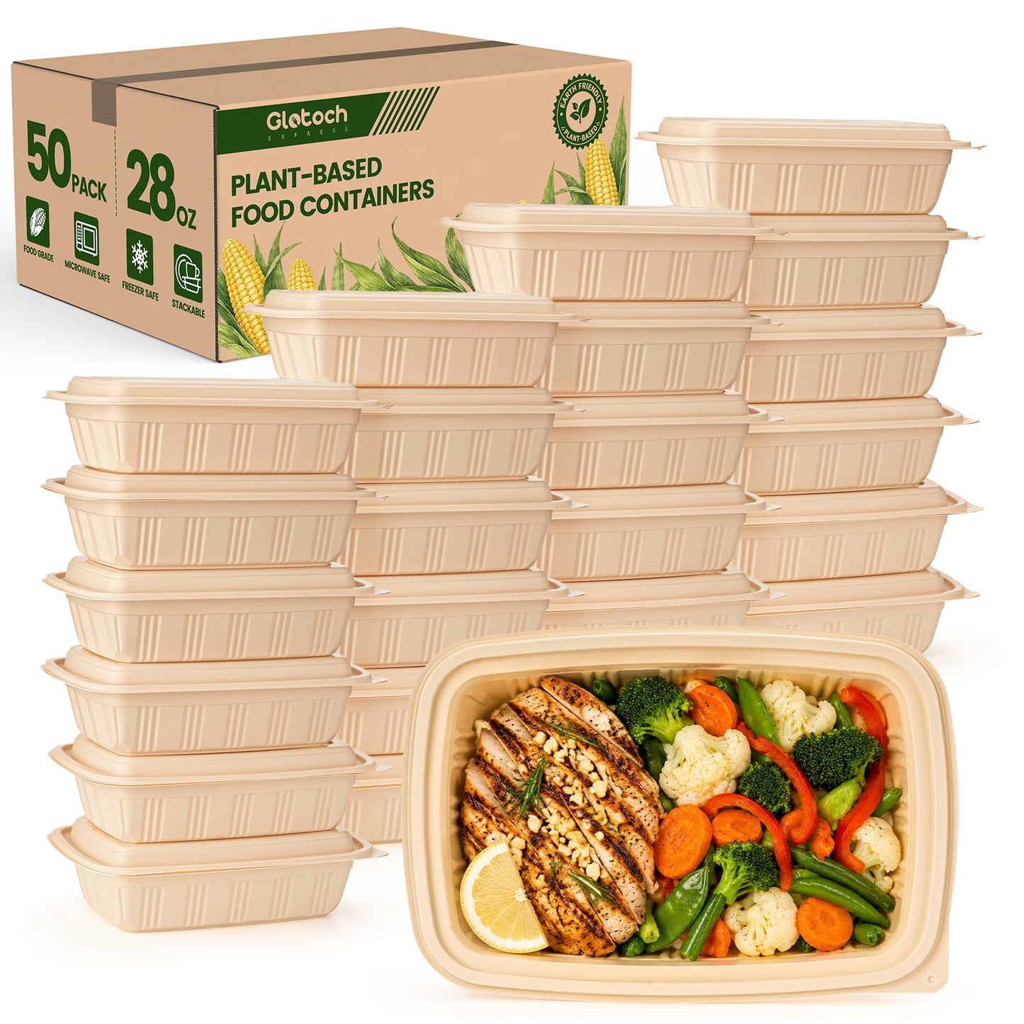 100 Piece (50 Pack) Meal Prep Containers Reusable - 2 Compartment 32 oz Cornstarch Snack Containers with Lids - Plastic Food Storage Salad Containers - To Go Lunch Box - Microwave & Freezer Safe