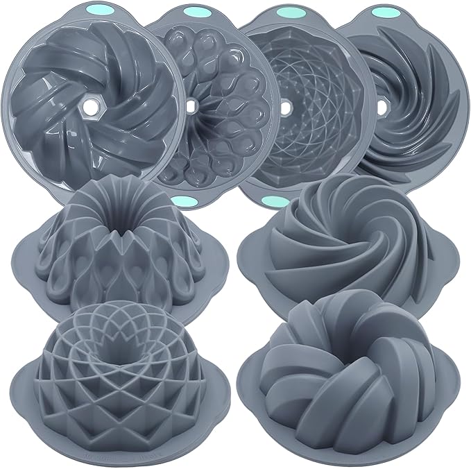 Tongjude 4 Pieces Silicone Fluted Tube Cake Pans, 7 Cups Tube Baking Pan, Jello Mold, Silicone Molds for Homemade Cake, Bread and Jello, Non-Stick, Grey