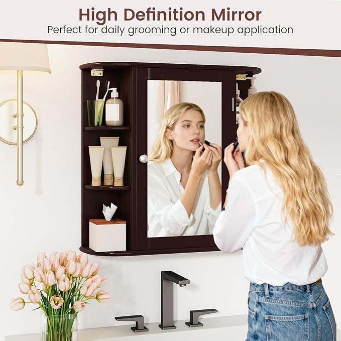 Tangkula Bathroom Medicine Cabinet with Mirror, Modern Wall Mounted Space-Saving Storage Organizer with Mirrored Door, 4 Internal Shelves & 6 Open Side Shelves, Bathroom Wall Cabinet (Coffee)