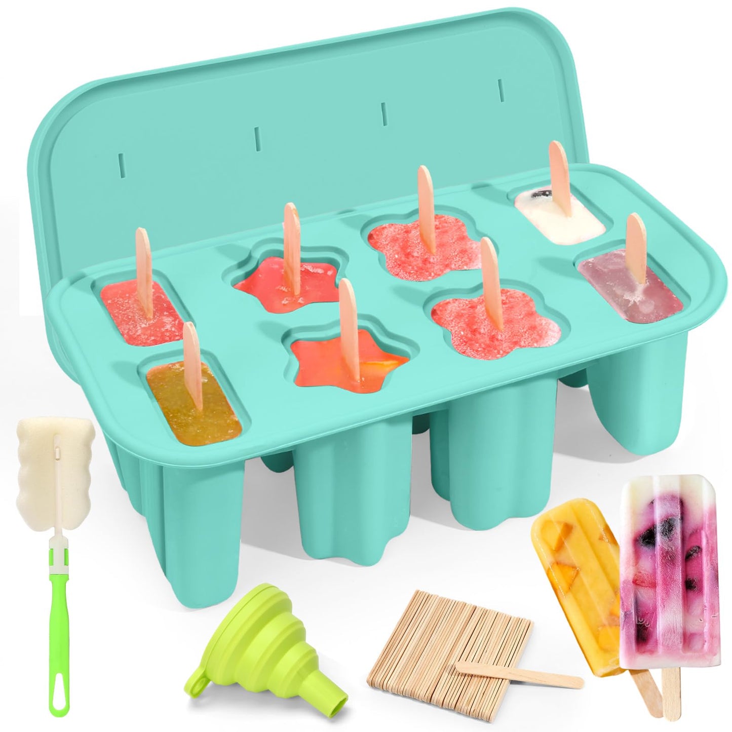 Firstfooby Popsicles Molds, 8-Cavity Silicone Popsicle Molds with 50 Sticks, BPA-Free Ice Pop Mold Popsicle Maker with Funnel & Cleaning Brush for Kids Adult Teens
