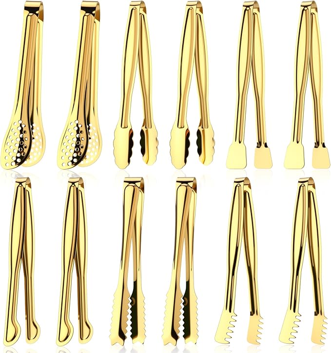 CHENGU 12 Pack Stainless Steel Kitchen Tongs 4/6/6 Inches Food Serving Clip Kitchen Cooking Tongs High Heat Resistant Clips for Cooking Non Stick Grill Salad (Gold, Diversity)