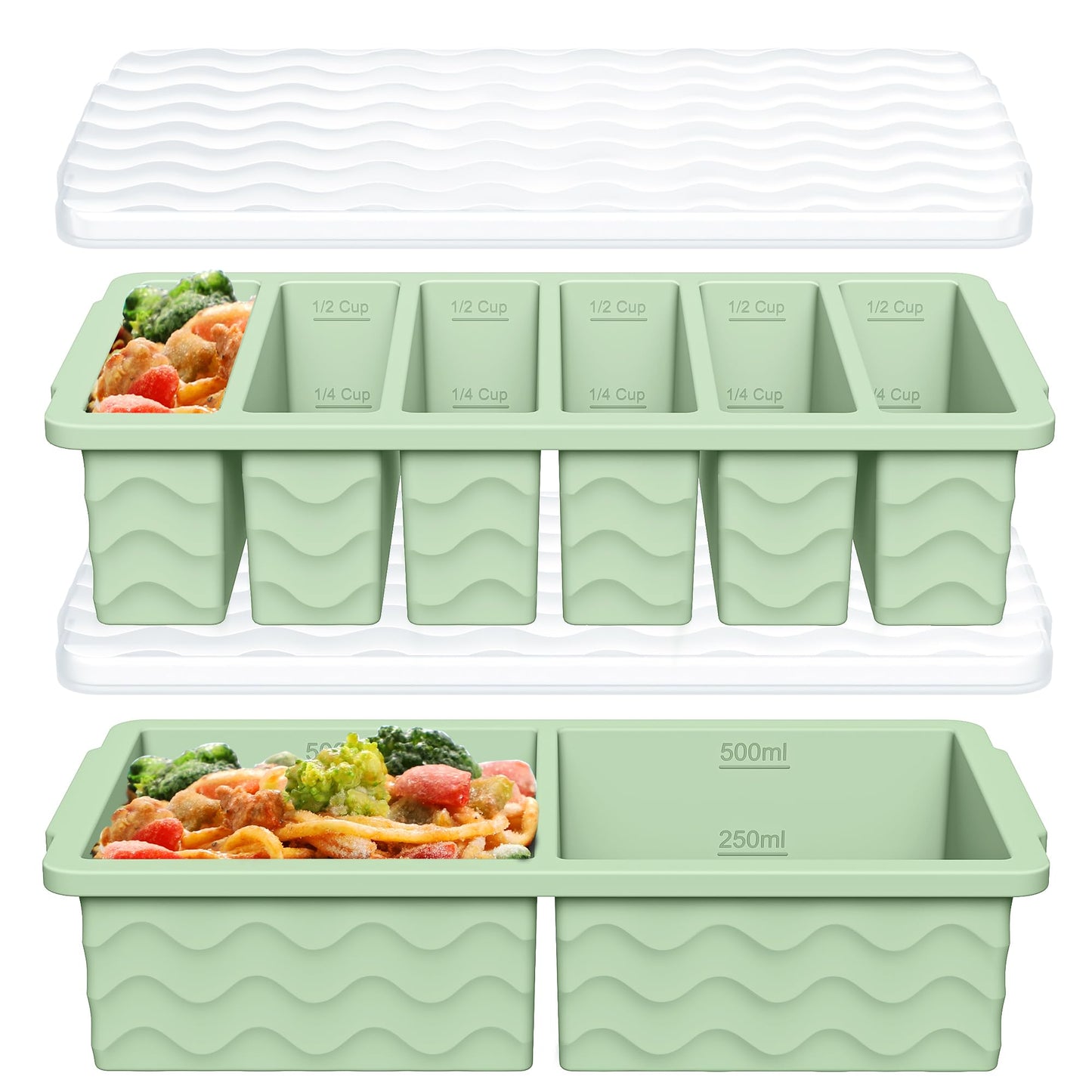 2-Pack Silicone Freezer Trays with Lid, 2 Large 2-Cup(500ml) & 6 Small 1/2-Cup(125ml) Soup Freezer Container Molds, Ice Cube Tray For Meal Prep & Freezing Soup, Stews, Sauces, Oven & Dishwasher-Safe