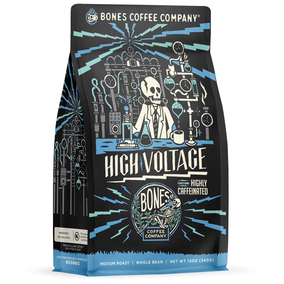 Bones Coffee Company High Voltage, Highly Caffeinated Unflavored Coffee, Medium Roast Low Acid Arabica Beans Compatible with Auto drip and French Press Coffee Maker, 12 Oz Whole Bean