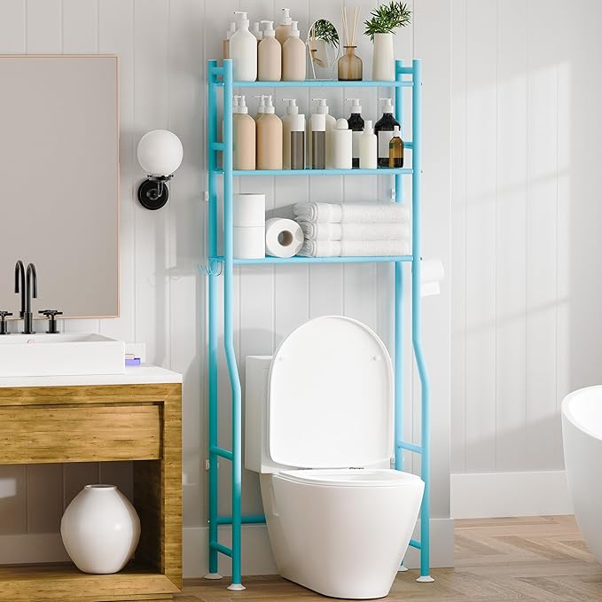 3-Tier Over The Toilet Storage, Space Saver Metal Bathroom Shelves, Freestanding Above Over Toilet Storage Shelf with 4 Hooks for Bathroom, Blue