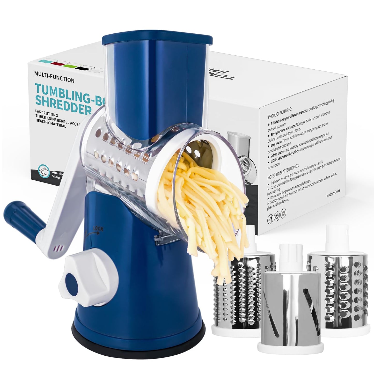 X Home Rotary Cheese Grater for Kitchen, Shredder with 3 Interchangeable Blades, Rotary Grater with Handle and Strong Suction Base, for Vegetables, Fruit, Nuts, Easy to Use and Clean, Black
