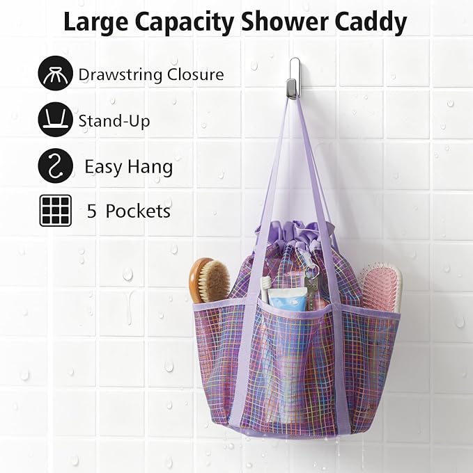 F-color Mesh Shower Caddy Portable with Drawstring - Tall 5 Pockets Dorm Room Essentials for Guys Girls with S Hook, Shower Bag Basket Tote for College Camping Travel Toiletry Bathroom, Purple Grid