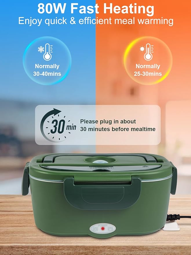 2025 Upgraded 80W Heated Lunch Box with Insulated Bag, 1.5L SS Container with Lid & 0.45L Fruit Box Electric Lunch Box for Adults, 12V/24V/110V Portable Food Warmer for Home/Car/Truck (Green)