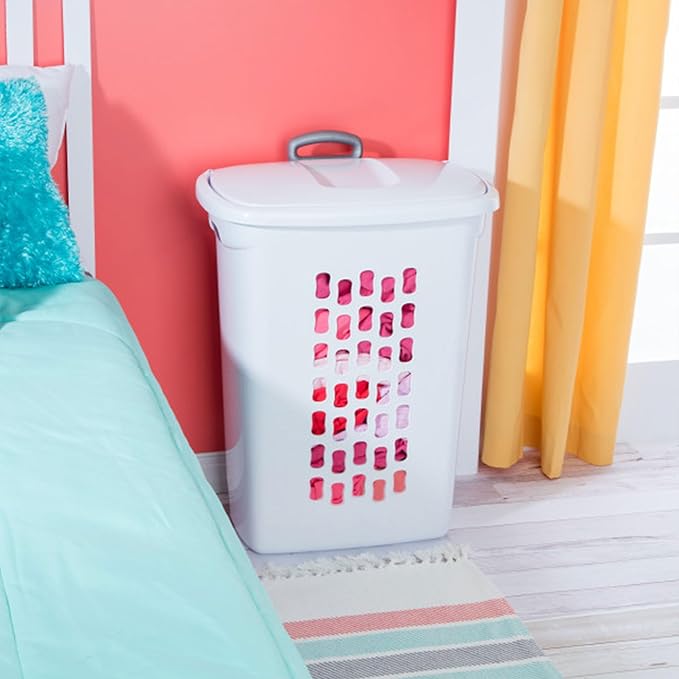 Sterilite 18-Pack Ultra Wheeled Hamper, Laundry Basket w/Flip-Top Lid & Retractable Handle - Plastic Rolling Clothes Storage Cart with Ventilated Holes for Home, Apartment or Dorm