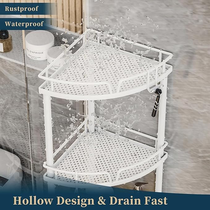 Consumest Corner Shower Caddy Standing - 3 Tier Shower Organizer with Soap Holder, Tall Floor Storage Rack with Adjustable Feet & 4 Hooks, Bathroom Corner Shelf, White