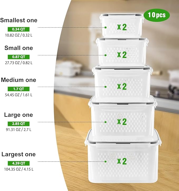 Freshmage Fruit Storage Containers for Fridge with Removable Colander, Airtight Food Storage Container, Dishwasher Safe Produce Saver for Refrigerator, Keep Berry Fruit Fresh Longer 10 pcs Large Clear