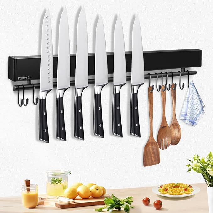 Pailexin 20 inch magnetic knife holder with 10 hooks, no drilling knife magnetic strip, and utensil hanger for wall. Powerful knife magnet rack includes tape and screw