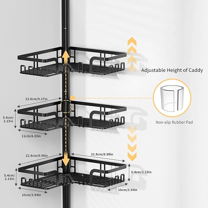ZUNTO Tension Pole Shower Caddy Corner for Bathroom, Adjustable 25in-114in Floor to Ceiling, Standing Shower Tension Rod Organizer, 4 Tier Storage Shelves with Hooks, Black