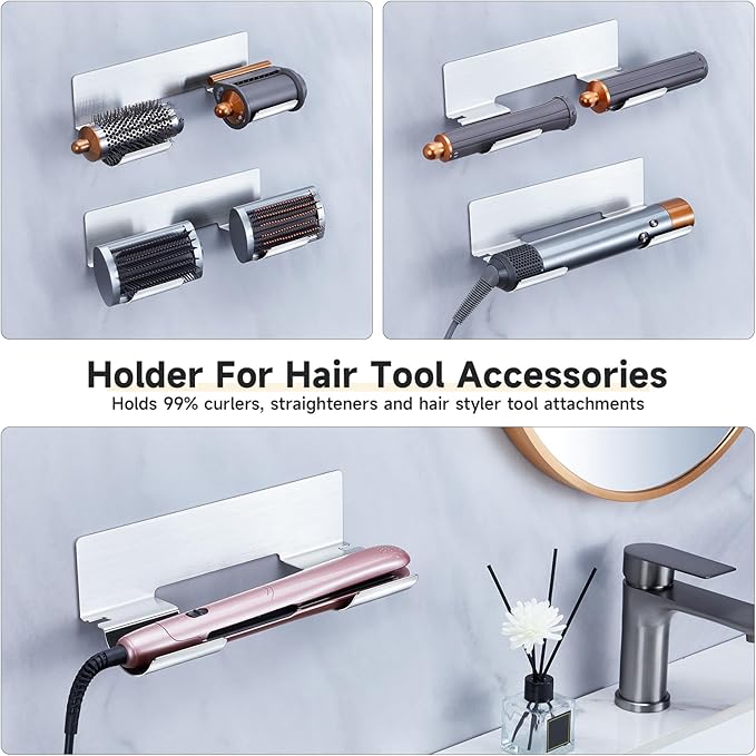 Hair Tool Organizer Wall Mount, Hair Dryer Holder for Curling Wands Accessories, Hair Straightener Holder, Styler Attachments Organizer, Adhesive Curling Iron Holder Storage, Stainless Steel