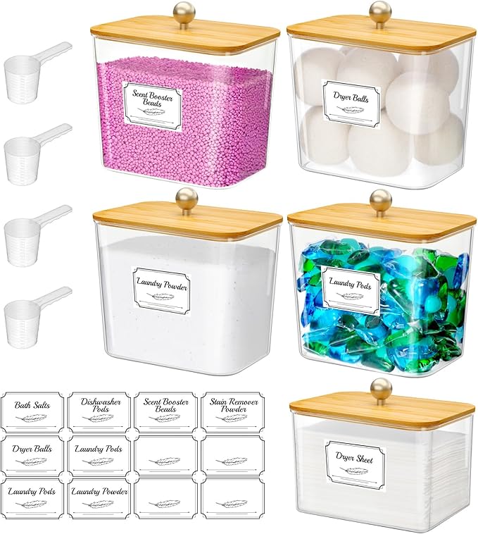 Lifewit Large Laundry Pods Container& Dryer Sheet Holder, Laundry Storage Containers, Laundry Room Organization Storage Jars for Powder, Scent Booster Beads,Bamboo Lid,0.53+0.7 gal,5 Pcs