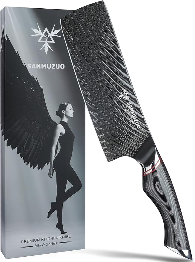 SANMUZUO 7 Inch Meat Cleaver Knife - Chinese Kitchen Vegetable Cleaver - Black Damascus Steel with Ergonomic Handle - MIAO Series