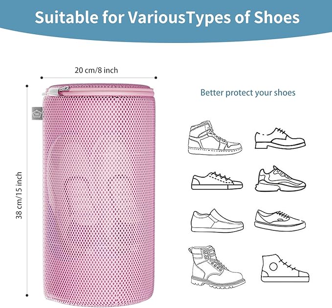 Kimmama Shoe Washing Machine Bag, Shoe Bag for Washing Machine, Mesh Laundry Bags for Sneakers, Footwear, Trainers, Slippers, Pink Sandwish Net, 8x15"