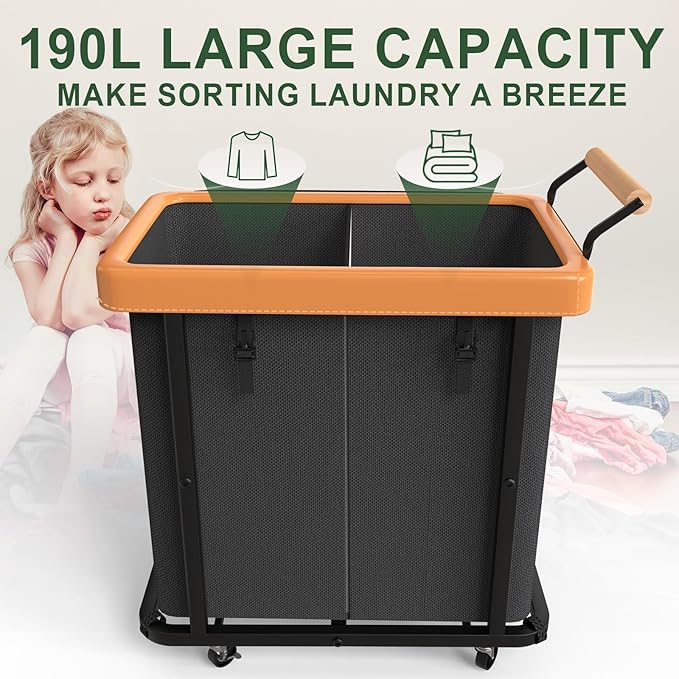 190L (50 Gal) Extra Large Fashion Laundry Hamper 2 Section with Lid, Rolling Laundry Basket Hamper with Handle, Laundry Organizer Storage Cart with Sturdy Metal Frame for Laundry Room, Hotel, black